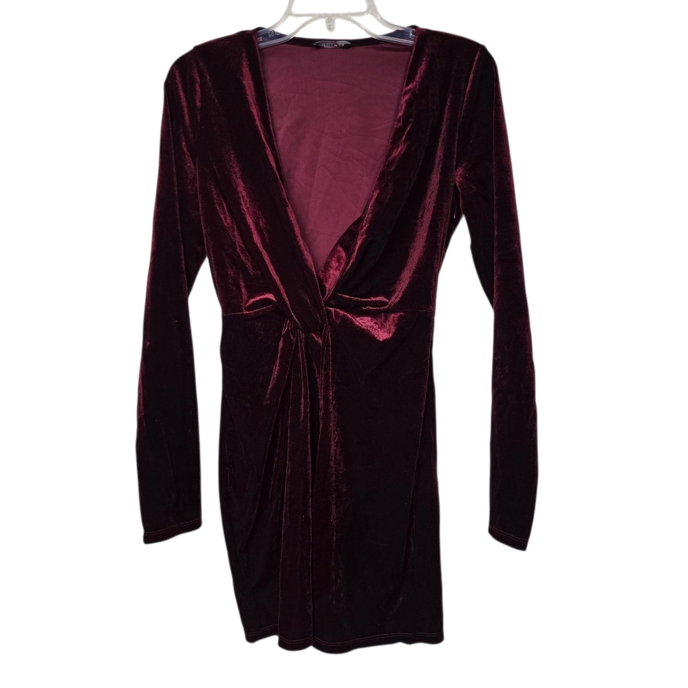 Fashion Nova Knot My Cup Of Tea Velvet Mini Slit Long Sleeves Dress S